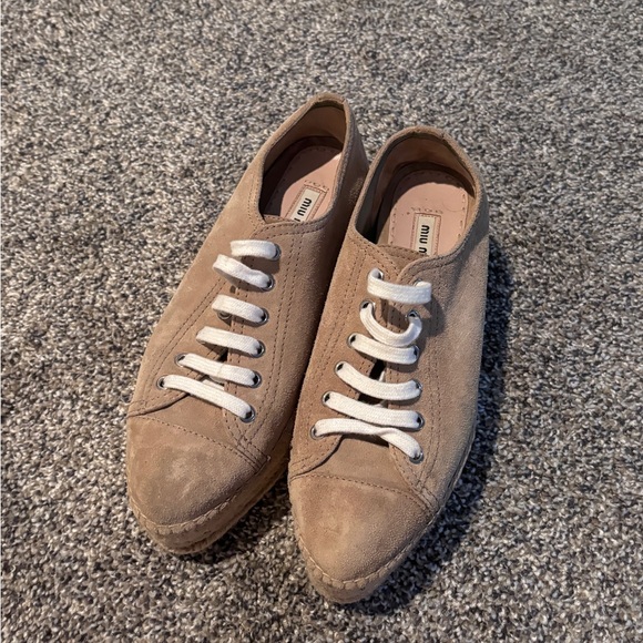 New Miu Miu Beige sand Espadrilles lace up platform shoes.